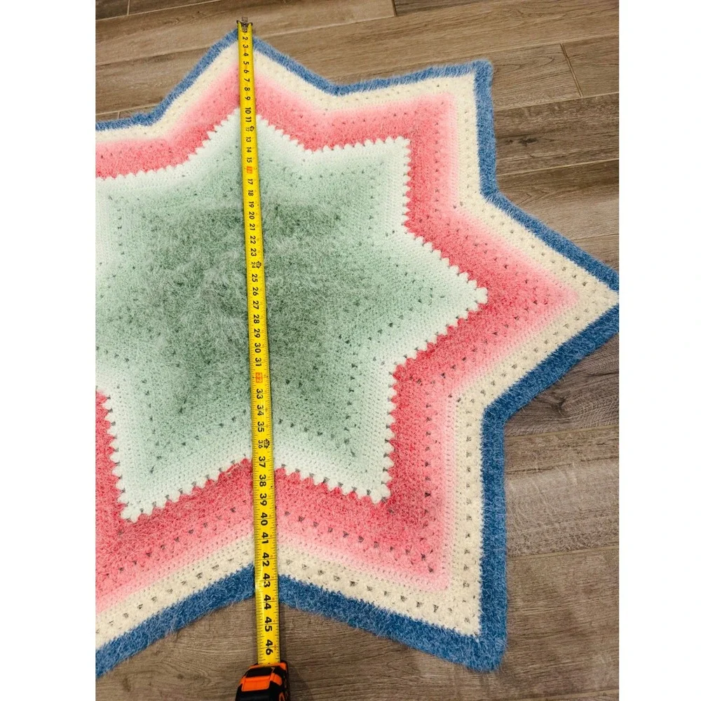 Handmade Vintage Crochet Star Blanket Afghan Throw Fuzzy Pink Blue White Green